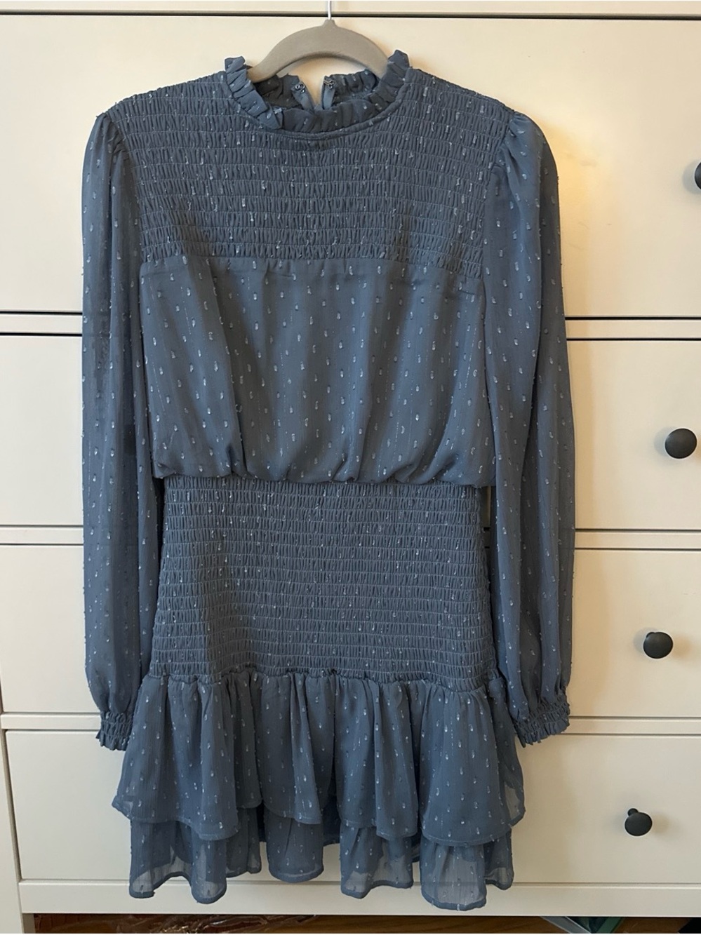 Aqua Slate Blue Smocked Long-Sleeve Ruffle Dress